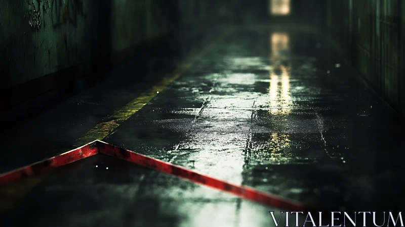 Glistening empty corridor with moody light and wet floor.