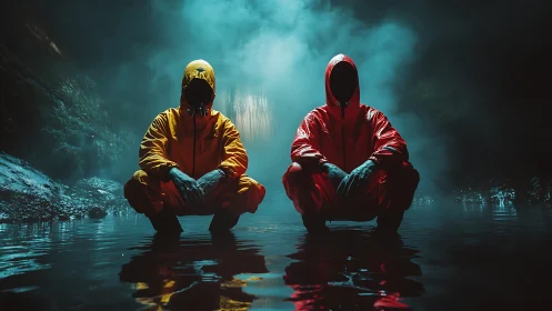Hooded figures in hazmat suits over eerie reflective water.