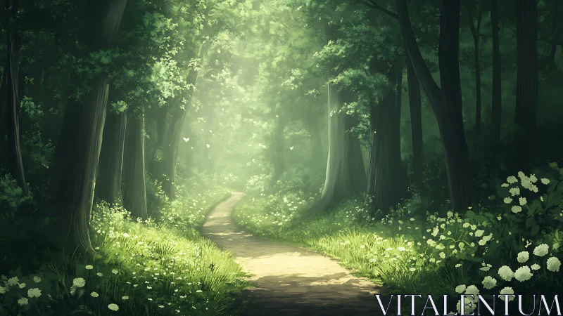 Sunlit Forest Path Through Enchanted Woods.
