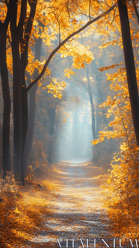 Golden autumn tunnel of trees creates a warm, glowing pathway