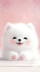 Fluffy marshmallow puppy beams joy with blushing pink paws