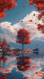 Solitary red tree by calm lake with scattered autumn leaves.