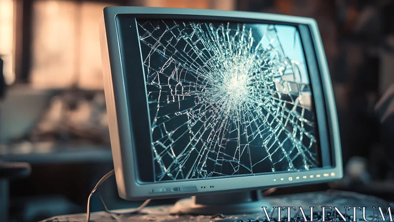 Old CRT monitor with severely cracked glass screen surface.