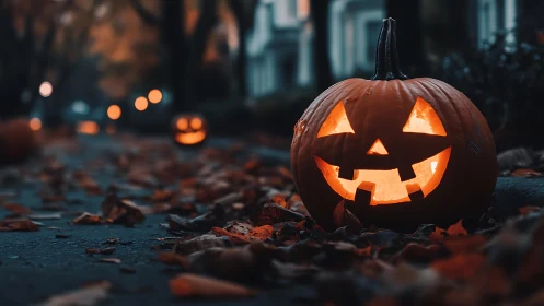 Carved jack o lantern on leaf covered suburban sidewalk.