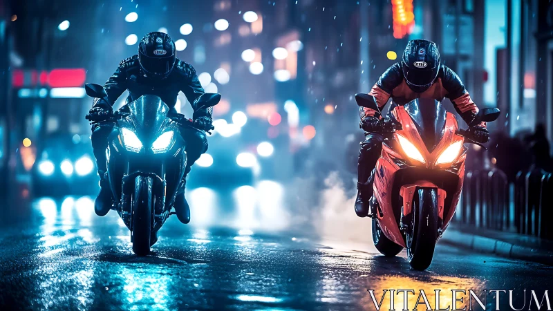 Nighttime street riders glowing against the rainy city lights.