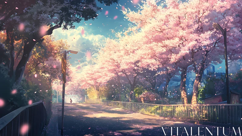 Gentle spring walkway under drifting cherry blossoms.