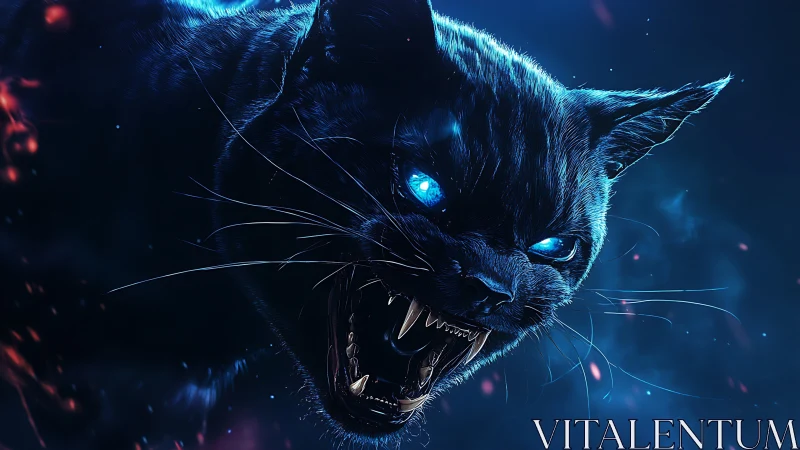 Snarling black cat with glowing blue eyes in dark light.