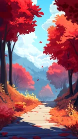 Autumn landscape with valley pathway framed by red foliage trees.