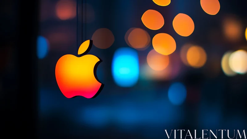 Illuminated apple-shaped logo with blurred city lights.