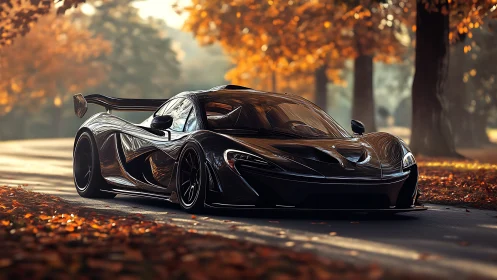 Midnight supercar glides through amber autumn light