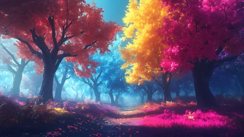 Dreamlit forest path under candy-colored whispering trees.