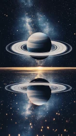 Ringed gas giant mirrored over luminous cosmic horizon