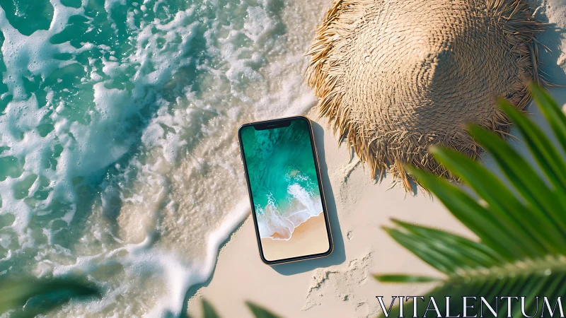 Smartphone on sandy beach near hat and shoreline water.