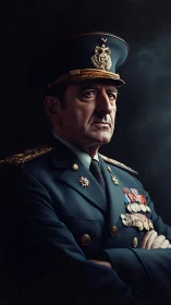 Stern decorated general stands in dramatic three quarter profile