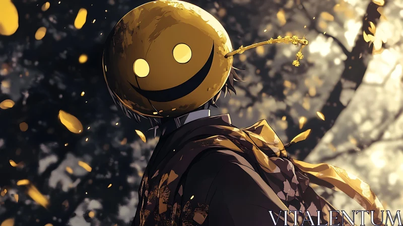 Autumn-lit figure with spherical emoticon mask and drifting petals.