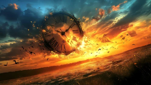 Sunset sky shatters, spilling a burning clock across time
