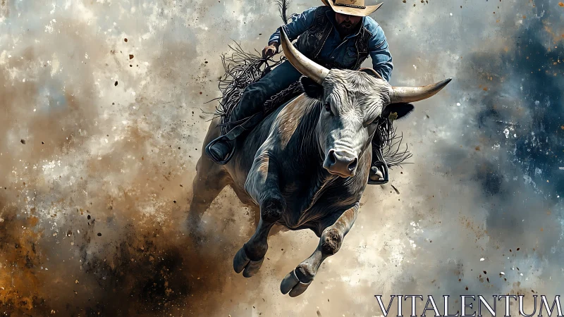 Bull rider charges through dust in cinematic close-up action.