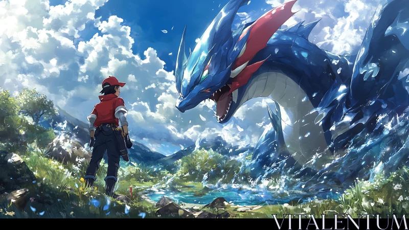 Trainer confronts colossal water dragon beside mountain lake