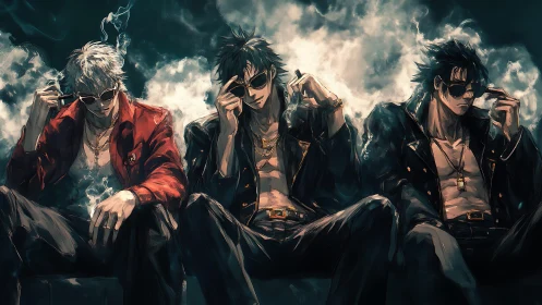 Triadic anime antiheroes recline in smoke with noir lighting