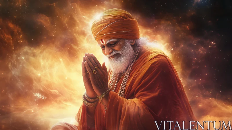 Gentle sage in prayerful light, wrapped in glowing warmth.