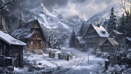 Snow covered mountain village with wooden houses in winter