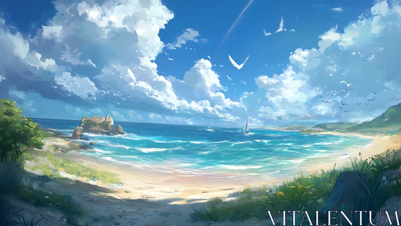 Luminous coastal panorama with sailboats, clouds, and shorebirds