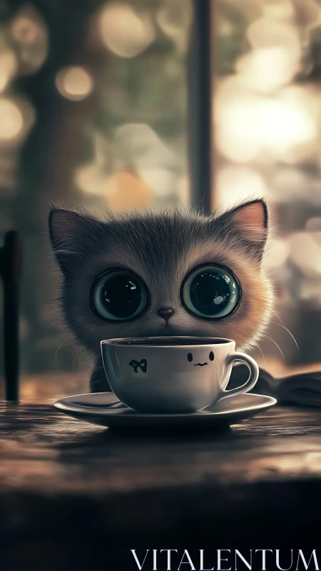 Wide-eyed stylized kitten rendered with bokeh-lit café depth