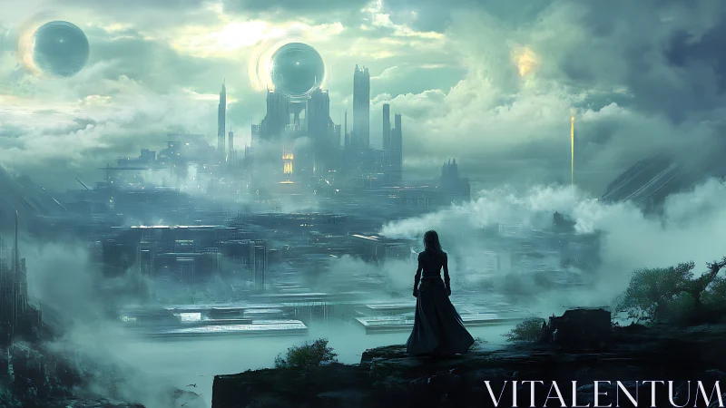 Concept art of lone figure overlooking misted futurist citadel.