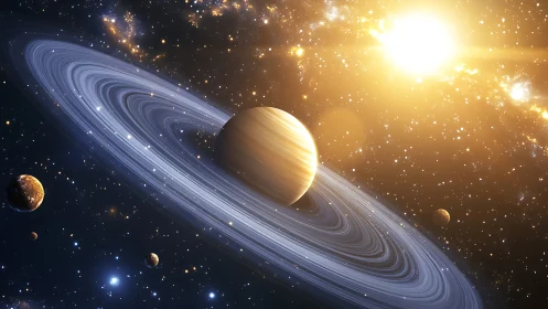 Golden ringed planet drifting through a glowing starry sky.