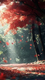 Sunlit maple canopy scatters vivid red leaves along forest path