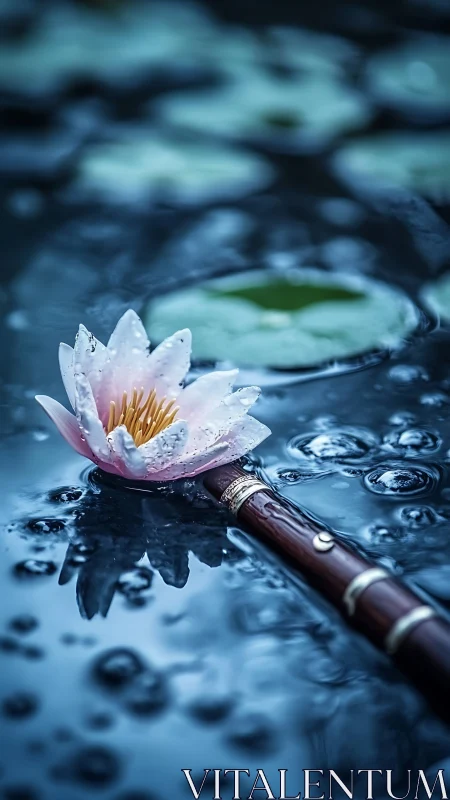 Rain-drunk lotus cradling a quiet wooden flute dream.