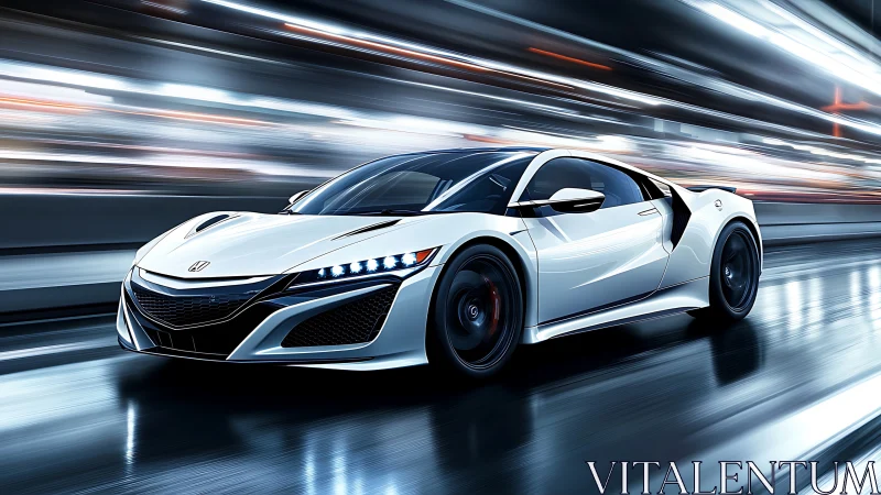 White sports coupe on reflective urban roadway at speed.