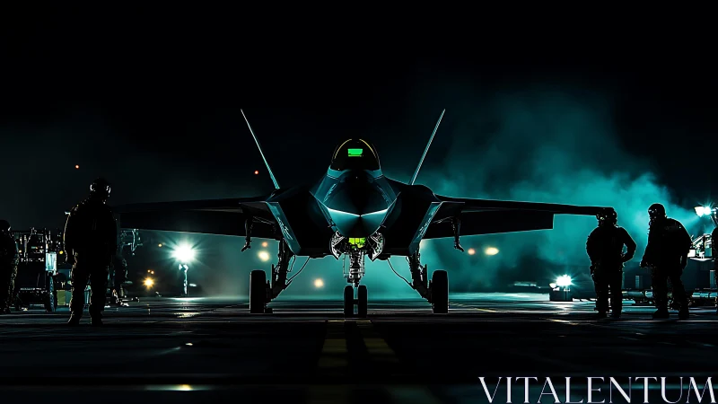 Stealth fighter poised on midnight runway with crew silhouettes.