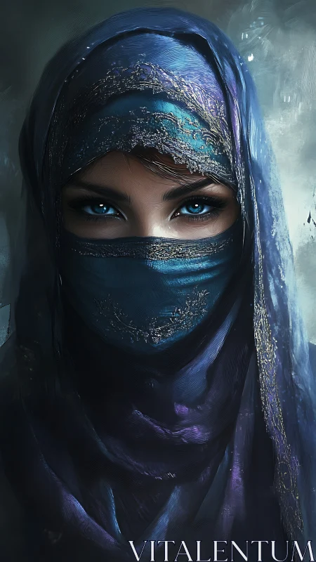 Mysterious blue‑eyed woman wrapped in shimmering midnight veils.