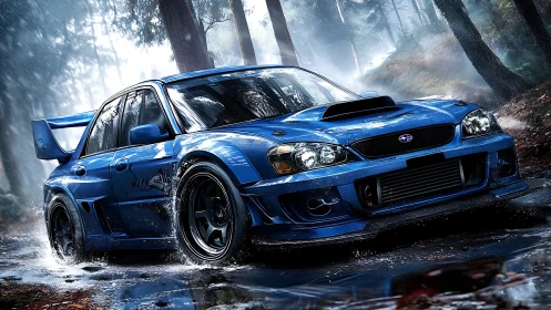Blue rally car powers through wet forest track at speed.