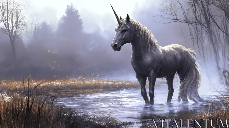 Solitary unicorn standing in a misty woodland marsh.