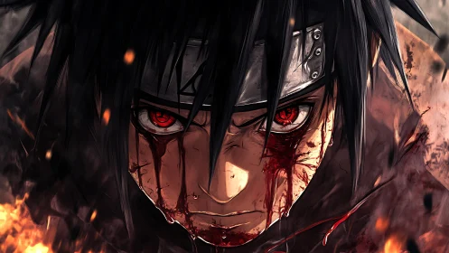 Burning-eyed warrior glares through blood and swirling ash