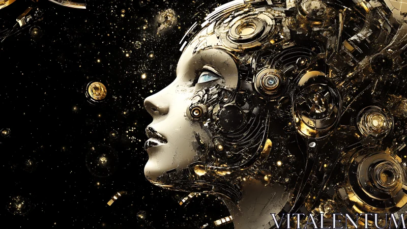 Cybernetic woman gazes through gilded mechanical cosmos.