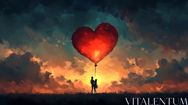 Silhouetted Figure Holding Radiant Crimson Heart Balloon at Sunset.