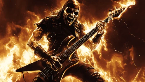 Fiery skeleton rocker unleashes blazing electric energy.