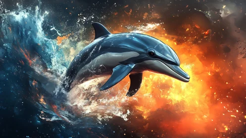 Dolphin leaping through fiery and oceanic abstract waves.