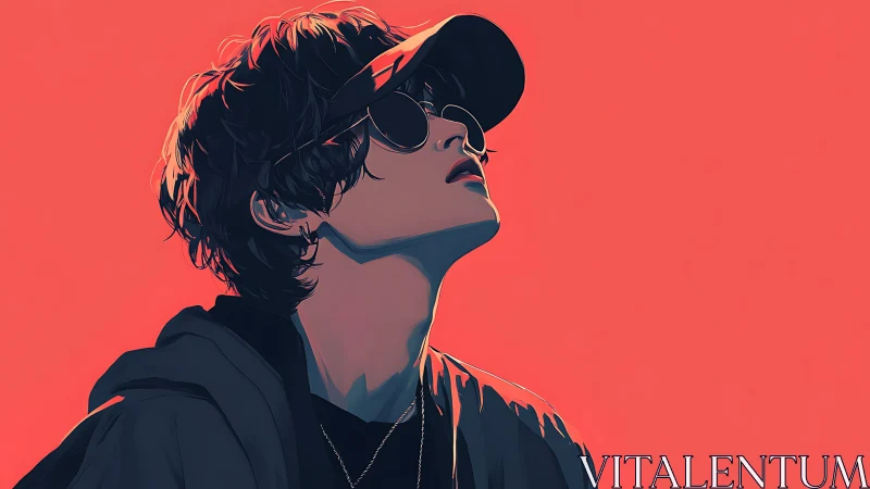 Stylized portrait of a hooded youth in sunglasses against coral