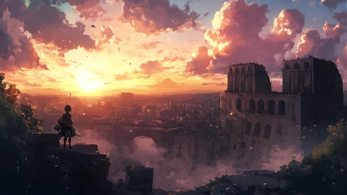 Lone wanderer surveys ruined city under blazing sunset sky.