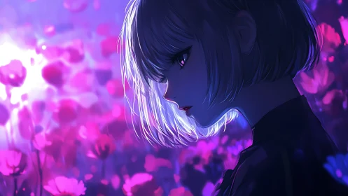 Quiet girl in glowing neon blossoms at twilight.