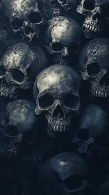 Weathered human skulls emerge from a shadowed mass.