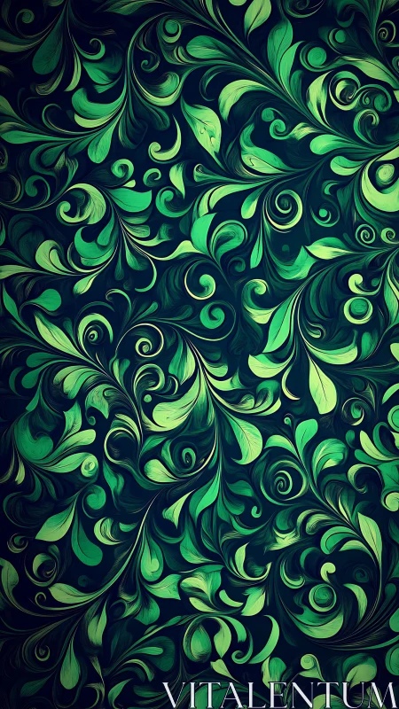 Emerald leaf swirls forming ornate abstract foliage pattern.
