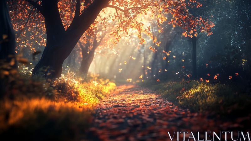 Autumn forest pathway illuminated by golden hour backlighting with falling leaves