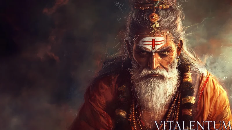 Mystic sage portrait with fiery aura and sacred markings.