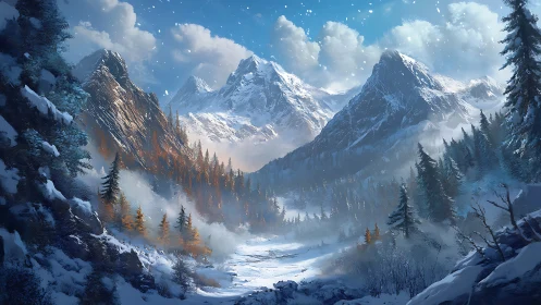 Snow-covered alpine valley with conifer forest and peaks.