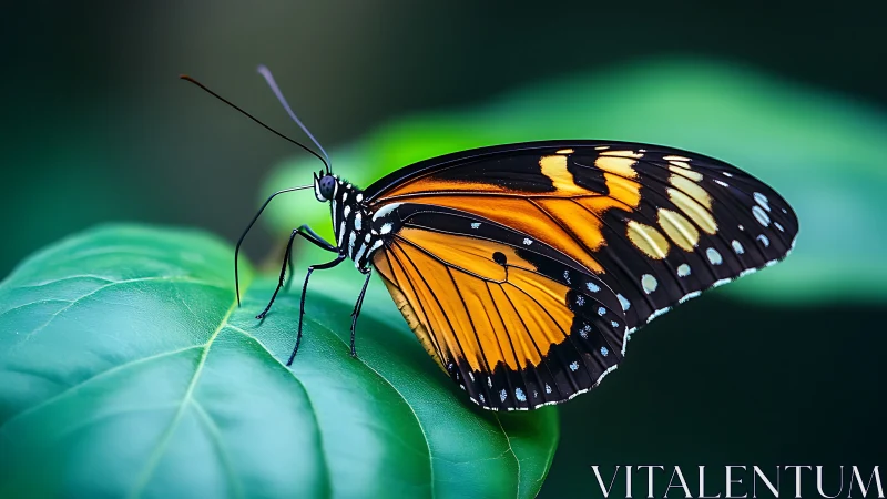 Macro study of orange and black butterfly on verdant leaf